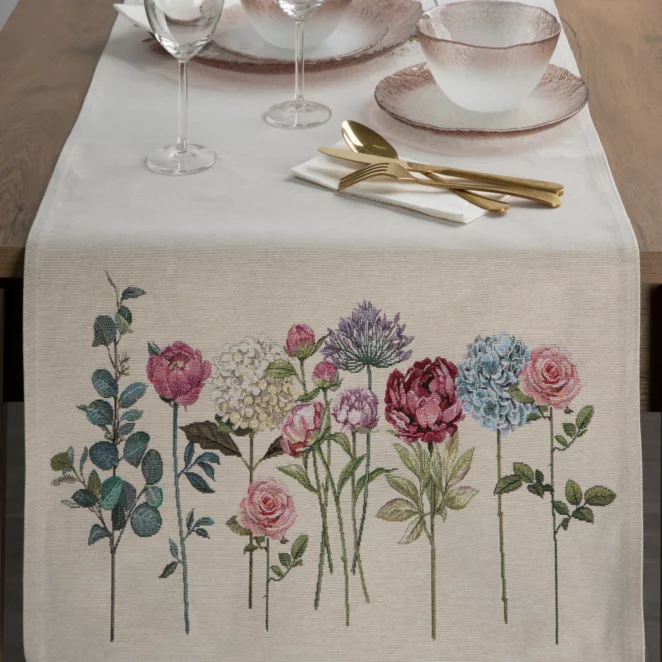 Bieżnik na stół naturalno, ciemnoróżowy 50x110 cm gobelinowy z nadrukiem letnich kwiatów