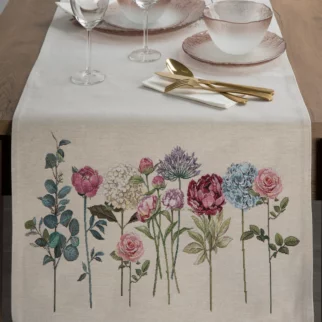 Bieżnik na stół naturalno, ciemnoróżowy 50x110 cm gobelinowy z nadrukiem letnich kwiatów