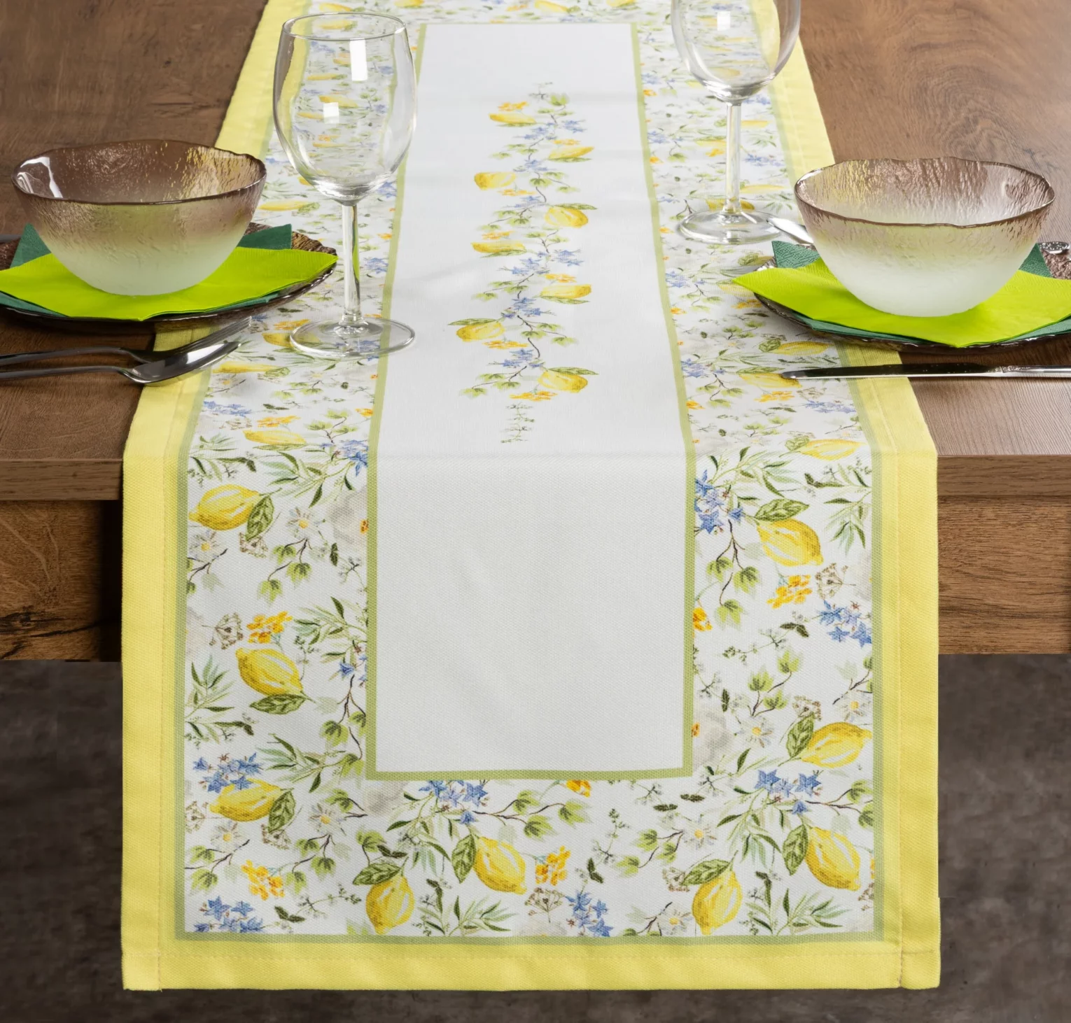 Bieżnik na stół 40x140 cm jasnokremowo, żółty w letni motyw cytryn  SUMMER 16