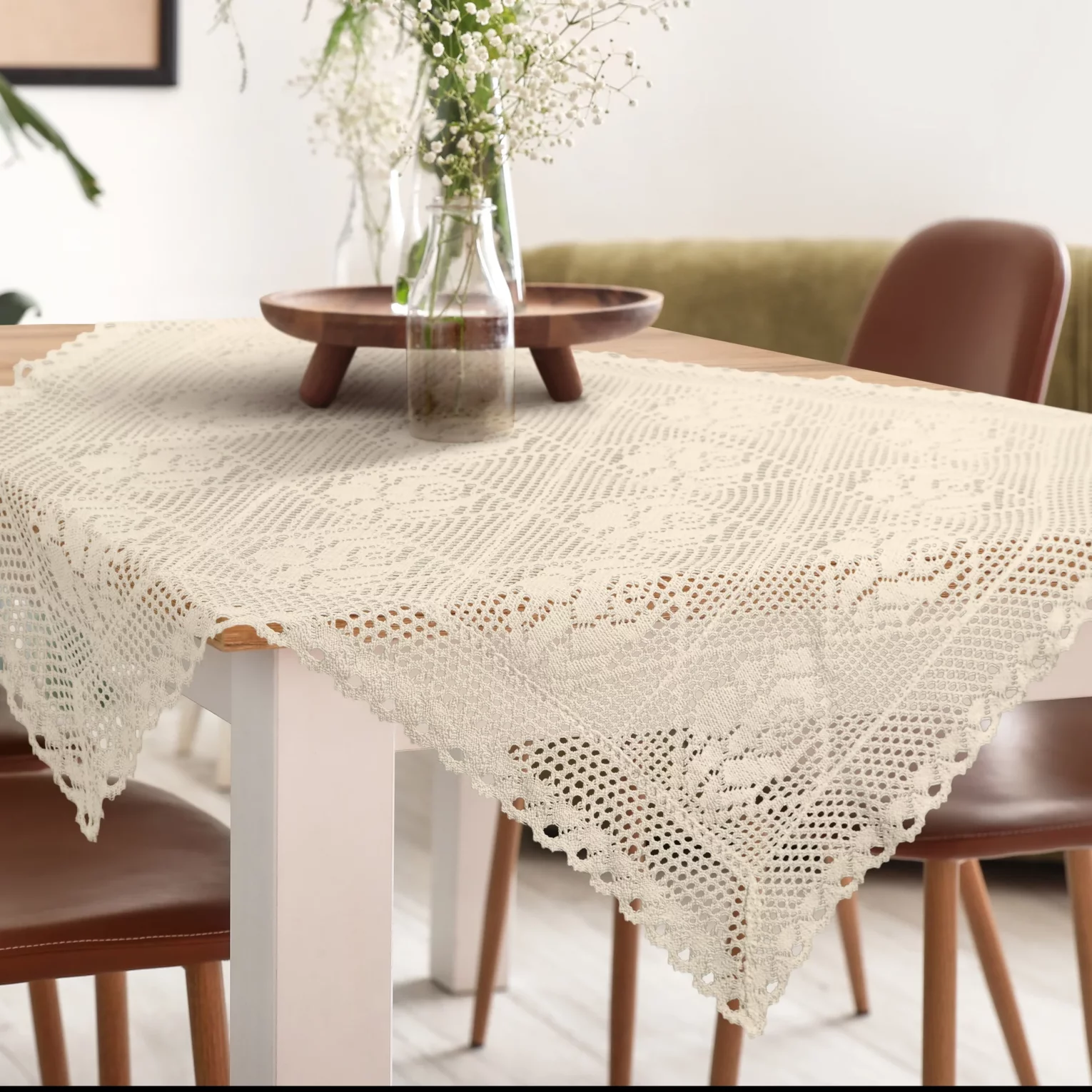Bieżnik na stół 85x85 cm  jasnobeżowy ażurowy ROSALY w stylu boho