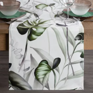 Bieżnik na stół biało, oliwkowy 40x140 cm welwetowy ELLEN zdobiony nadrukiem liści monstery DESIGN 91
