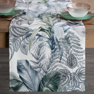 Bieżnik na stół biało, zielony 40x140 cm welwetowy DAVOS zdobiony nadrukiem egzotycznych liści DESIGN 91