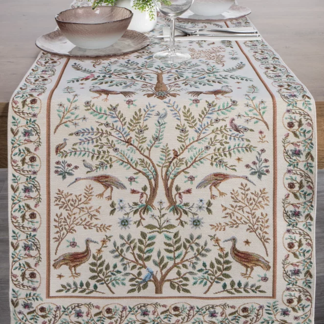 Bieżnik na stół naturalno, jasnobrązowy 45x140 cm gobelinowy zdobiony nadrukiem inspirowanym projektami Williama Morrisa kolekcja FIORE