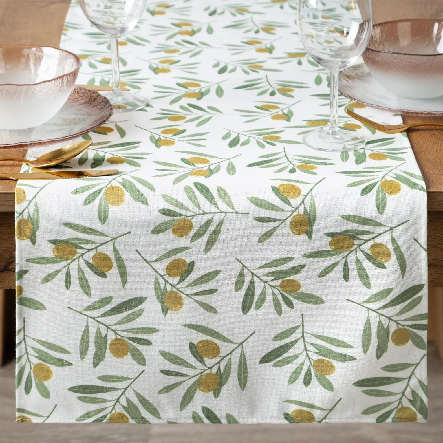 Bieżnik na stół plamoodporny 40x140 cm biało, zielony z motywem oliwek - ERIN
