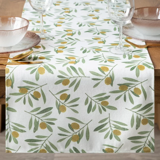 Bieżnik na stół plamoodporny 40x140 cm biało, zielony z motywem oliwek - ERIN