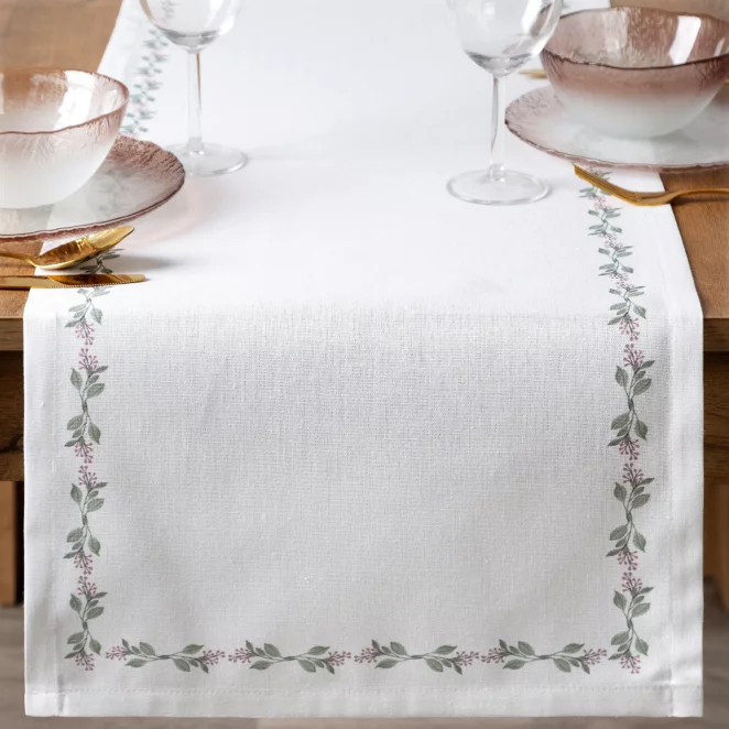 Bieżnik na stół plamoodporny 40x140 cm biało, zielony z motywem roślinnym - LILY
