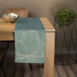 Bieżnik na stół ciemnomiętowy, złocisty 35x140 cm welwetowy BLINK 12 z dużym wzorem kwiatu lotosu