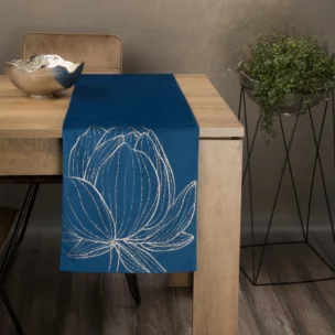Bieżnik na stół granatowo, złocisty 35x140 cm welwetowy BLINK 12 z dużym wzorem kwiatu lotosu