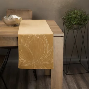 Bieżnik na stół miodowo, złocisty 35x140 cm welwetowy BLINK 12 z dużym wzorem kwiatu lotosu