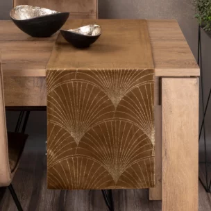 Bieżnik na stół brązowo, złoty 35x140 cm welwetowy BLINK 14 z welwetu z dużym wzorem wachlarzy w stylu art deco