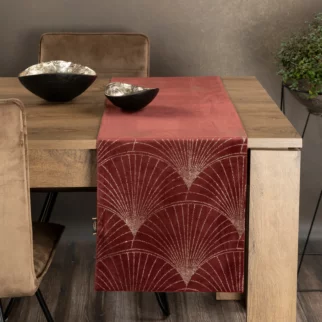 Bieżnik na stół ceglasto, złoty 35x220 cm welwetowy BLINK 14 z dużym wzorem wachlarzy w stylu art deco