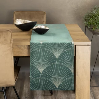 Bieżnik na stół ciemnomiętowo, złoty 35x220 cm welwetowy BLINK 14 z dużym wzorem wachlarzy w stylu art deco