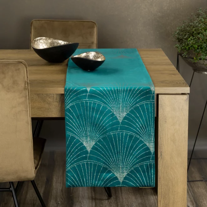 Bieżnik na stół ciemnoturkusowo, złoty 35x220 cm welwetowy BLINK 14 z dużym wzorem wachlarzy w stylu art deco