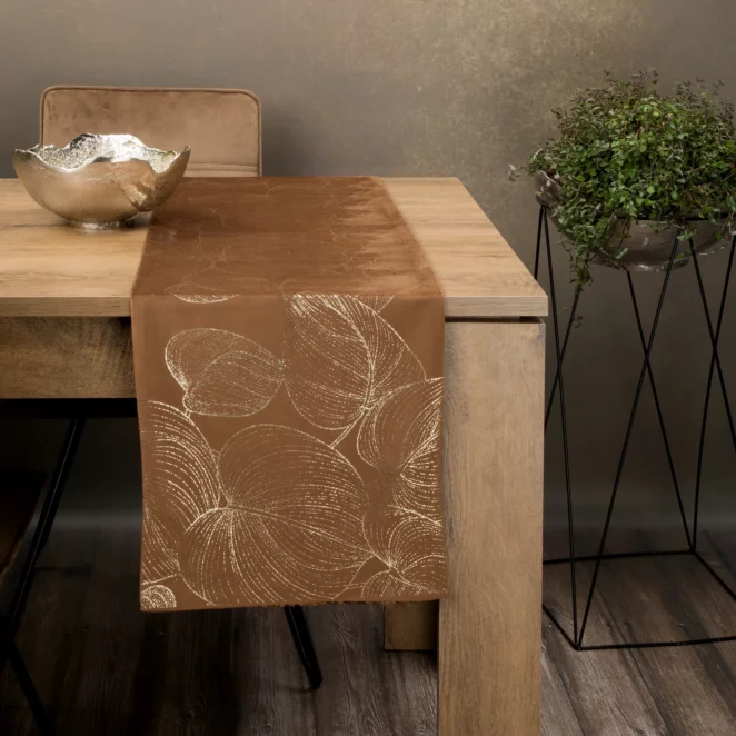 Bieżnik na stół brązowo, złocisty 35x220 cm welwetowy BLINK 16 z dużym wzorem liści