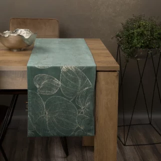 Bieżnik na stół ciemnomiętowo, złocisty 35x140 cm welwetowy BLINK 16 z dużym wzorem liści