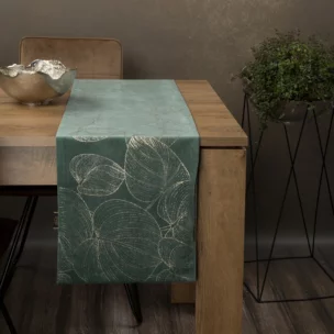 Bieżnik na stół ciemnomiętowo, złocisty 35x180 cm welwetowy BLINK 16 z dużym wzorem liści