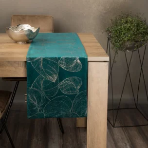 Bieżnik na stół ciemnotrkusowo, złocisty 35x220 cm welwetowy BLINK 16 z dużym wzorem liści
