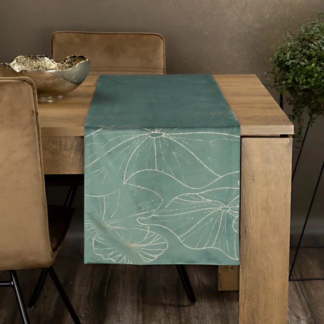 Bieżnik na stół ciemnomiętowo, złocisty 35x220 cm welwetowy BLINK 15 z liśćmi lilii wodnej