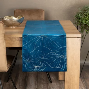 Bieżnik na stół granatowo, złocisty 35x180 cm welwetowy BLINK 15 z liśćmi lilii wodnej