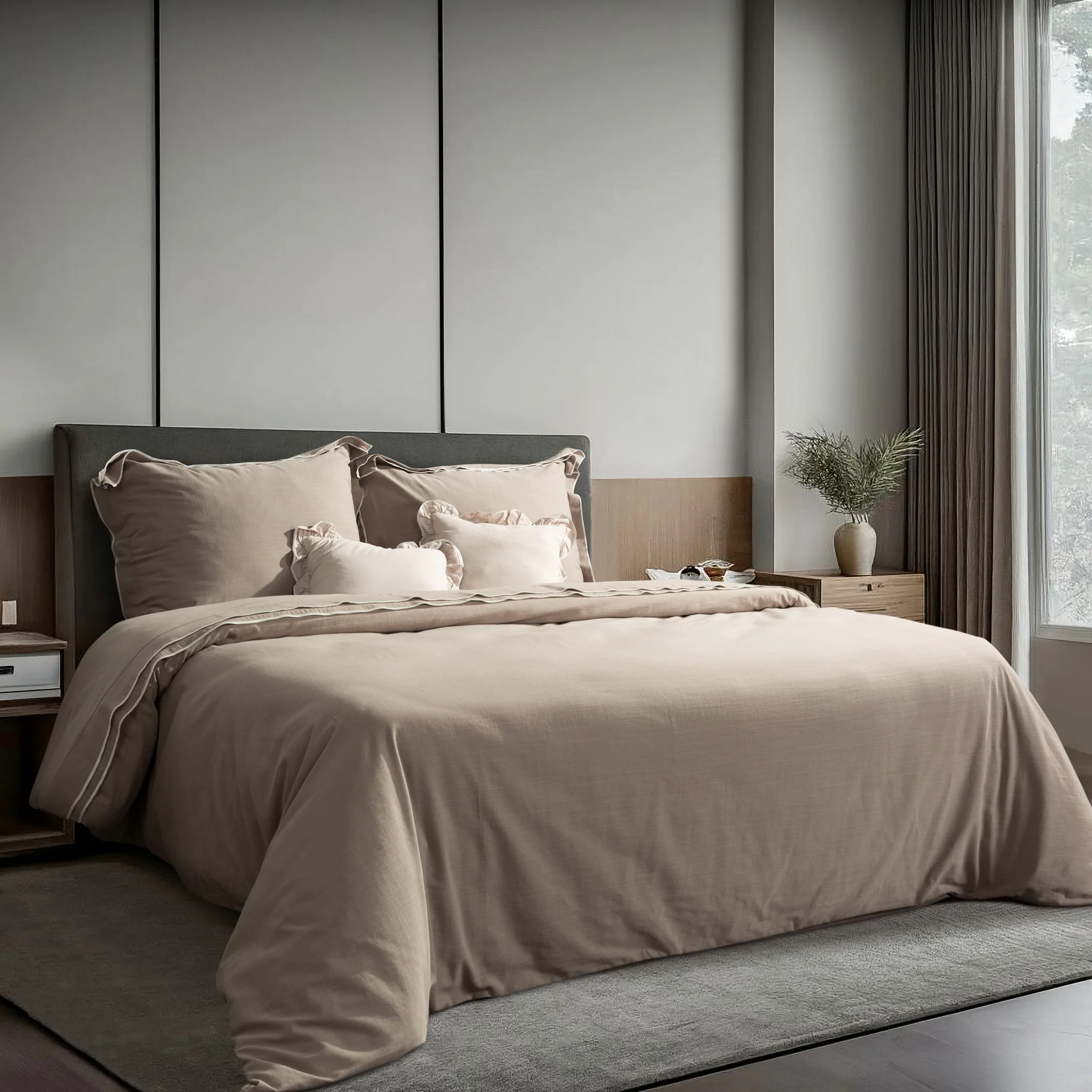 Pościel 160x200 cm z bawełny ranforce kolor beżowy zdobiona tasiemką REINA 38B | eurofirany