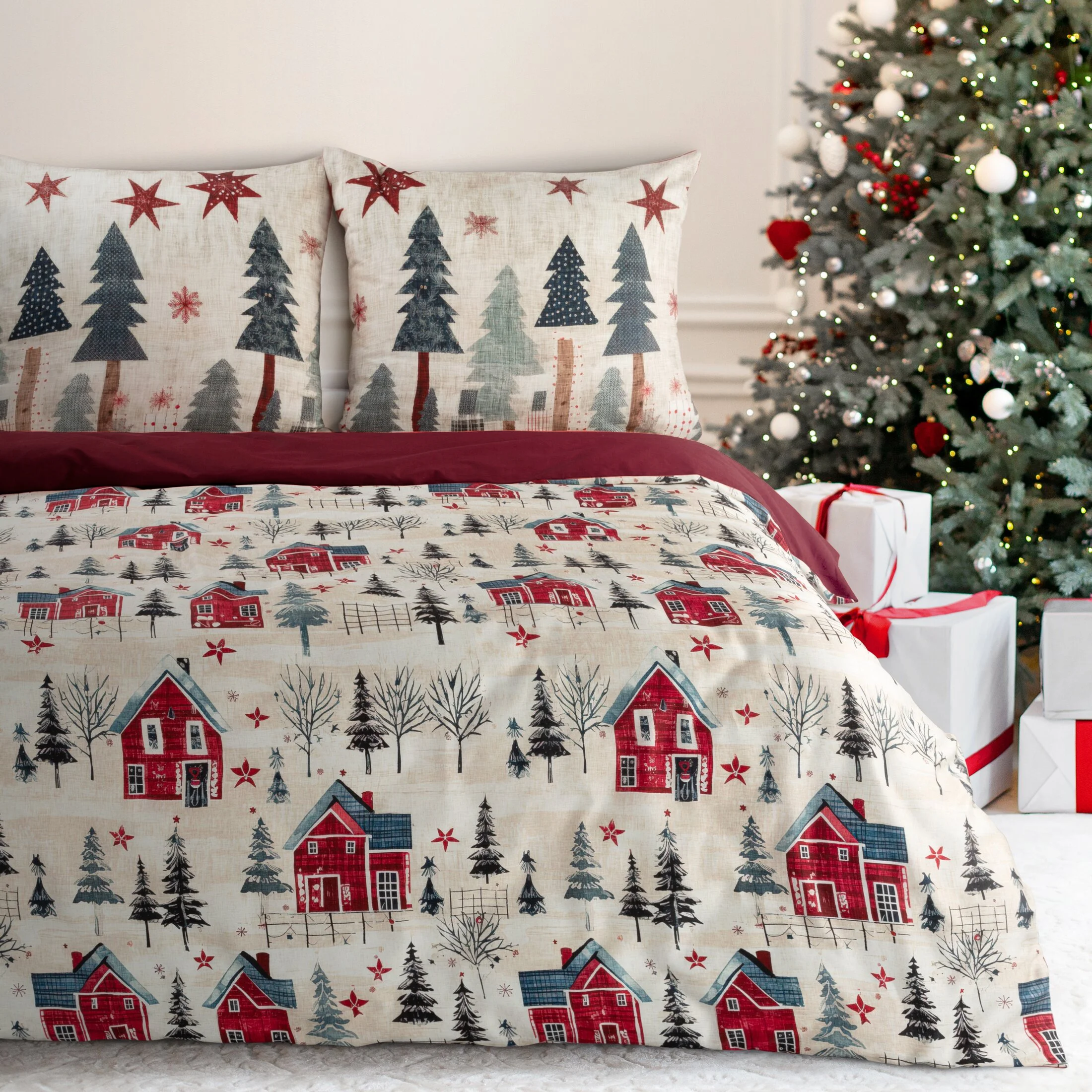 Pościel świąteczna 160x200 cm satyna bawełniana kolor bordowy, ciemnokremowy z nadrukiem zimowego miasteczka ASHER | eurofirany