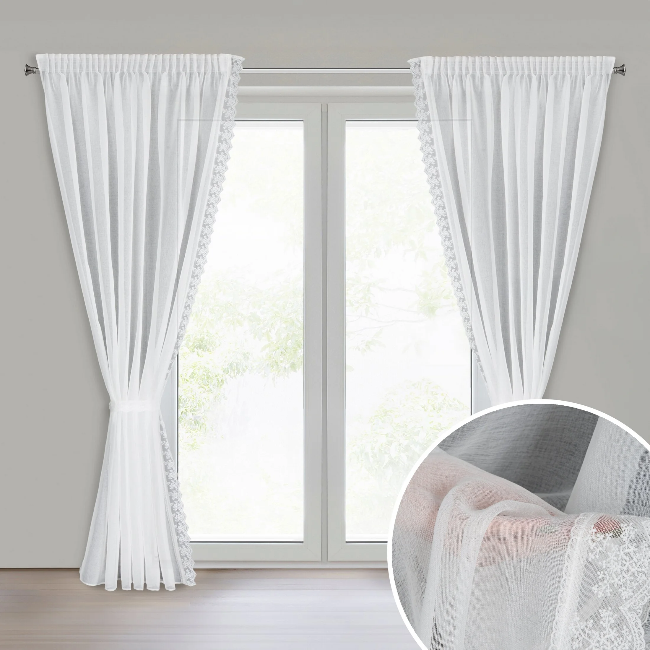 Komplet 2 szt. firan białych zdobionych na brzegach subtelną koronką 140x270 cm taśma SUZAN | eurofirany