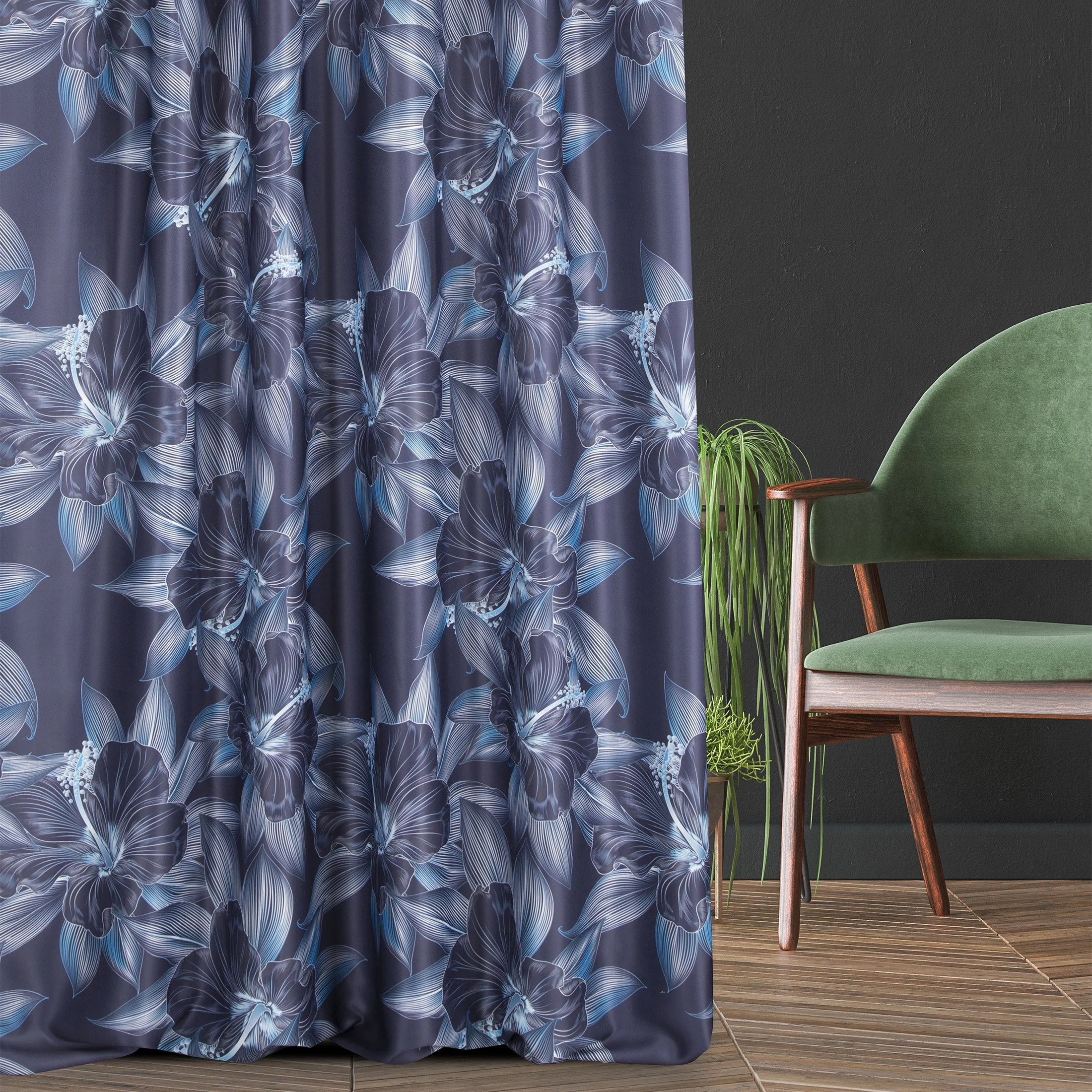 Tkanina zasłonowa, zaciemniająca typu blackout, z nadrukiem graficznych kwiatów, półmatowa