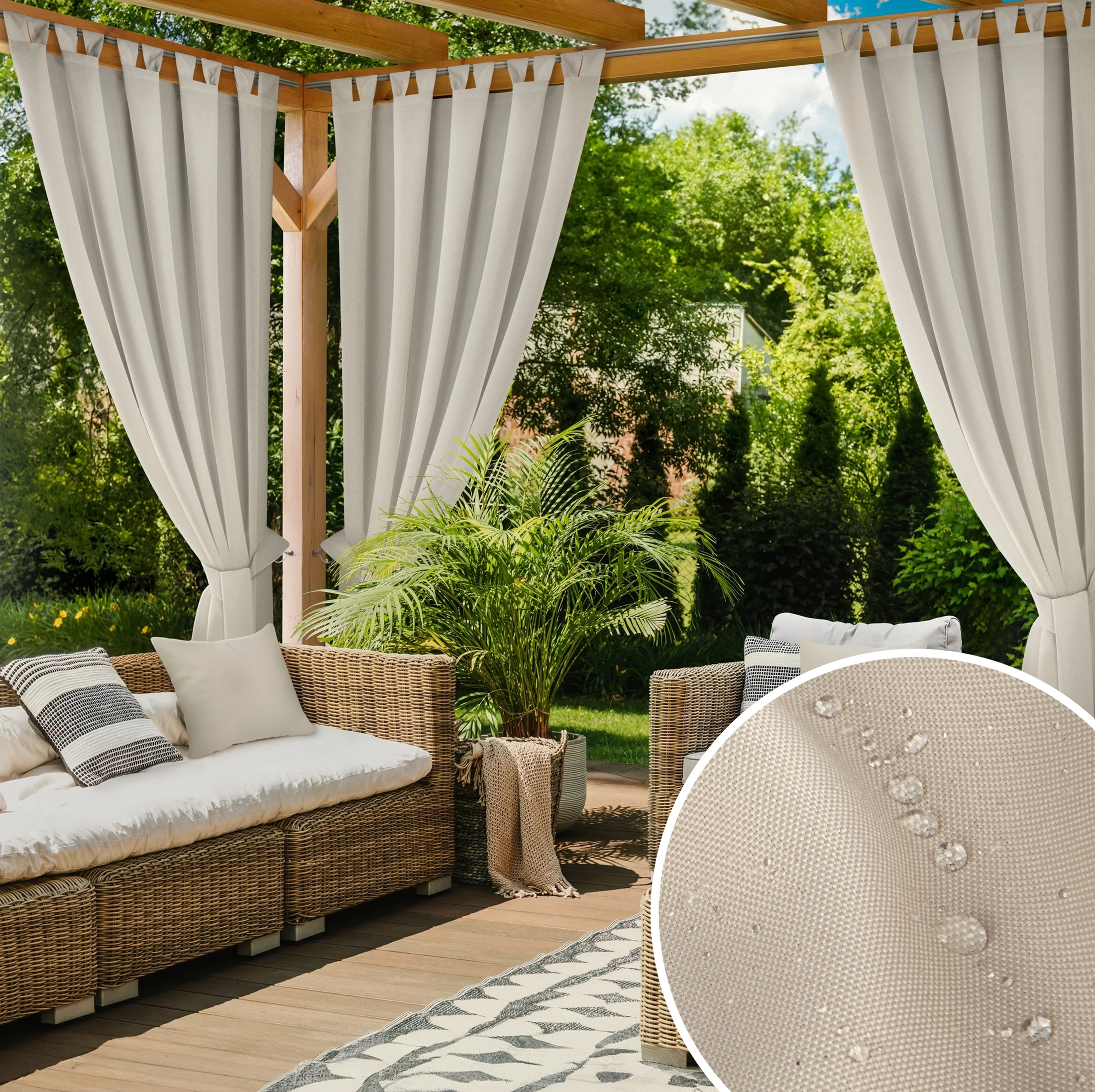 Zasłona jasnobeżowa z wodoodpornej tkaniny idealna do ogrodu i na taras 155x240 cm szelki/rzep - GARDEN | eurofirany