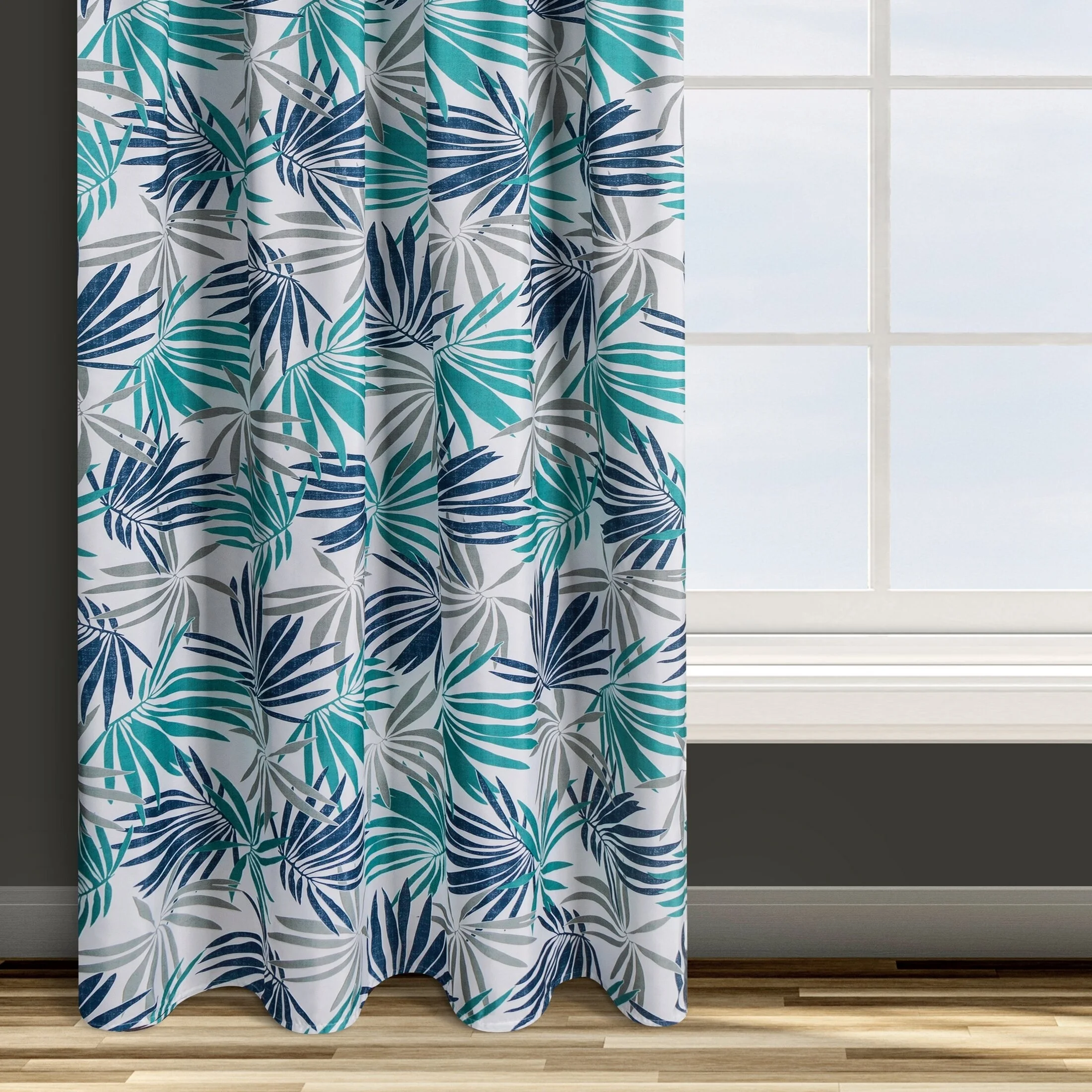 Zasłona biało, turkusowa we wzór liści 140x270 cm taśma - ELINA - Design 91 | 