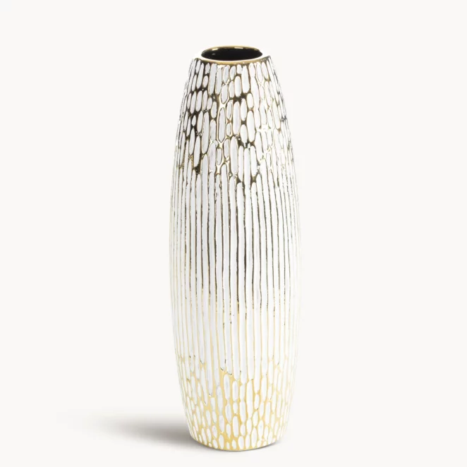Wazon ceramiczny biało, złoty o ozdobnej fakturze 13x40 cm ANDREA