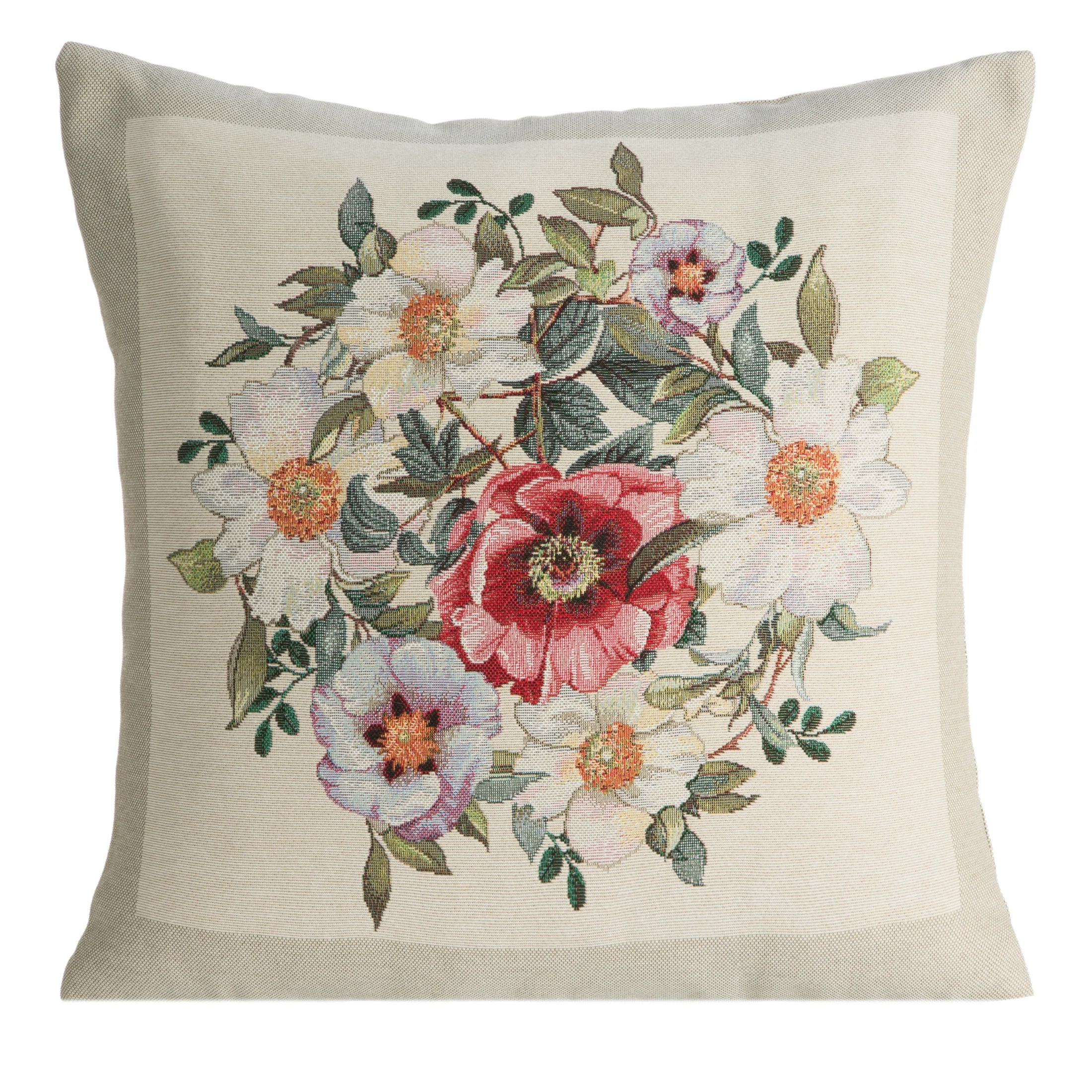 Poszewka na poduszkę 45x45 cm bawełniana, gobelinowa naturalno, czerwona z kwiatowym motywem GOB | eurofirany