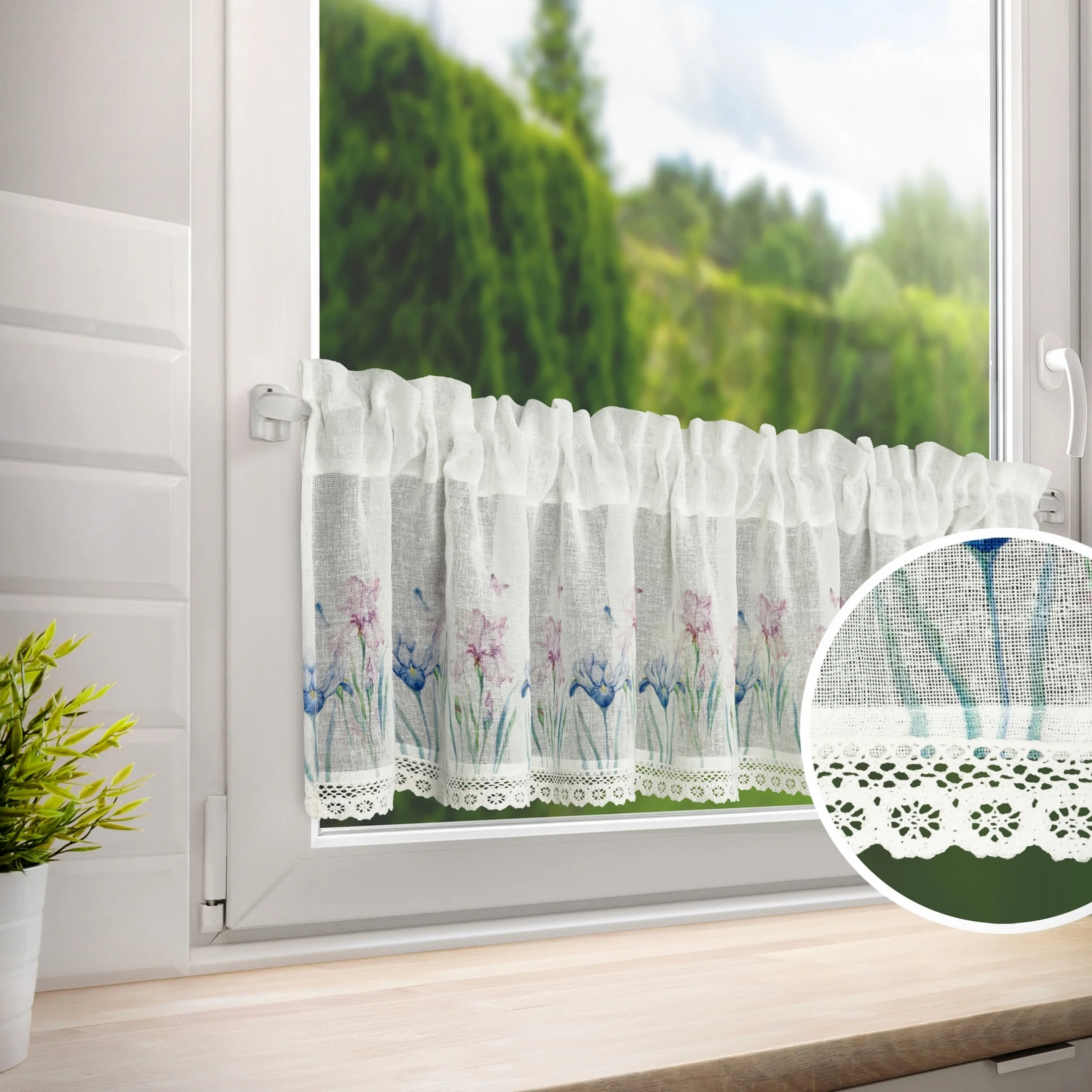 Zazdrostka biała z etaminy zdobiona nadrukiem kwiatów i koronką 150x30 cm tunel DOLOREZ