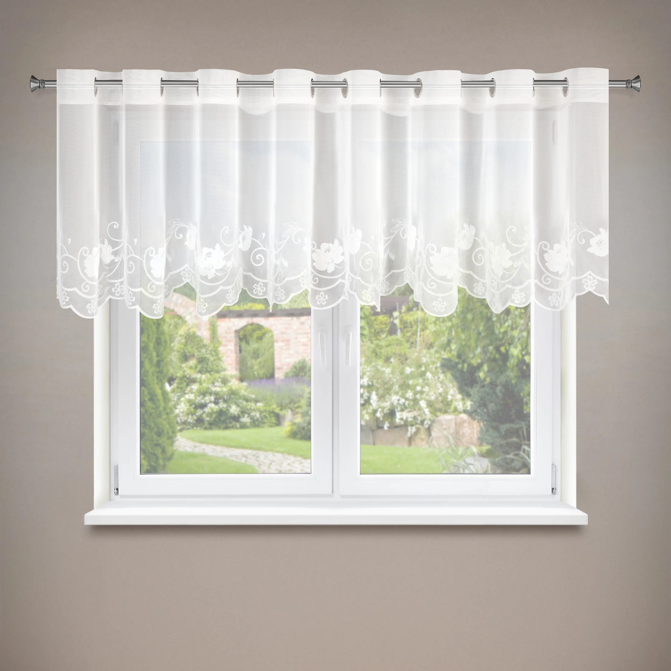 Firana biała z drobnej siateczki zdobiona subtelnym haftem 350x70 cm przelotki - LETI | eurofirany