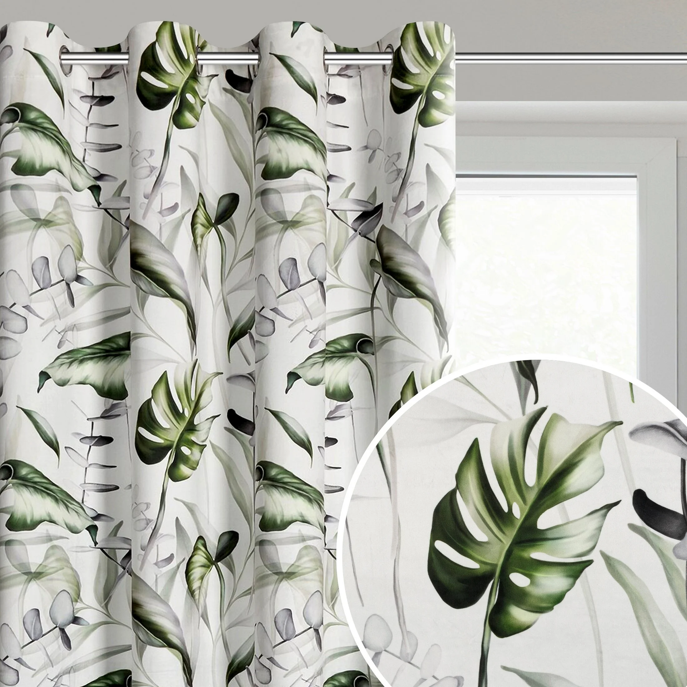 Zasłona biało, oliwkowa z motywem egzotycznych liści z welwetu 140x250 cm przelotka ELLEN | eurofirany