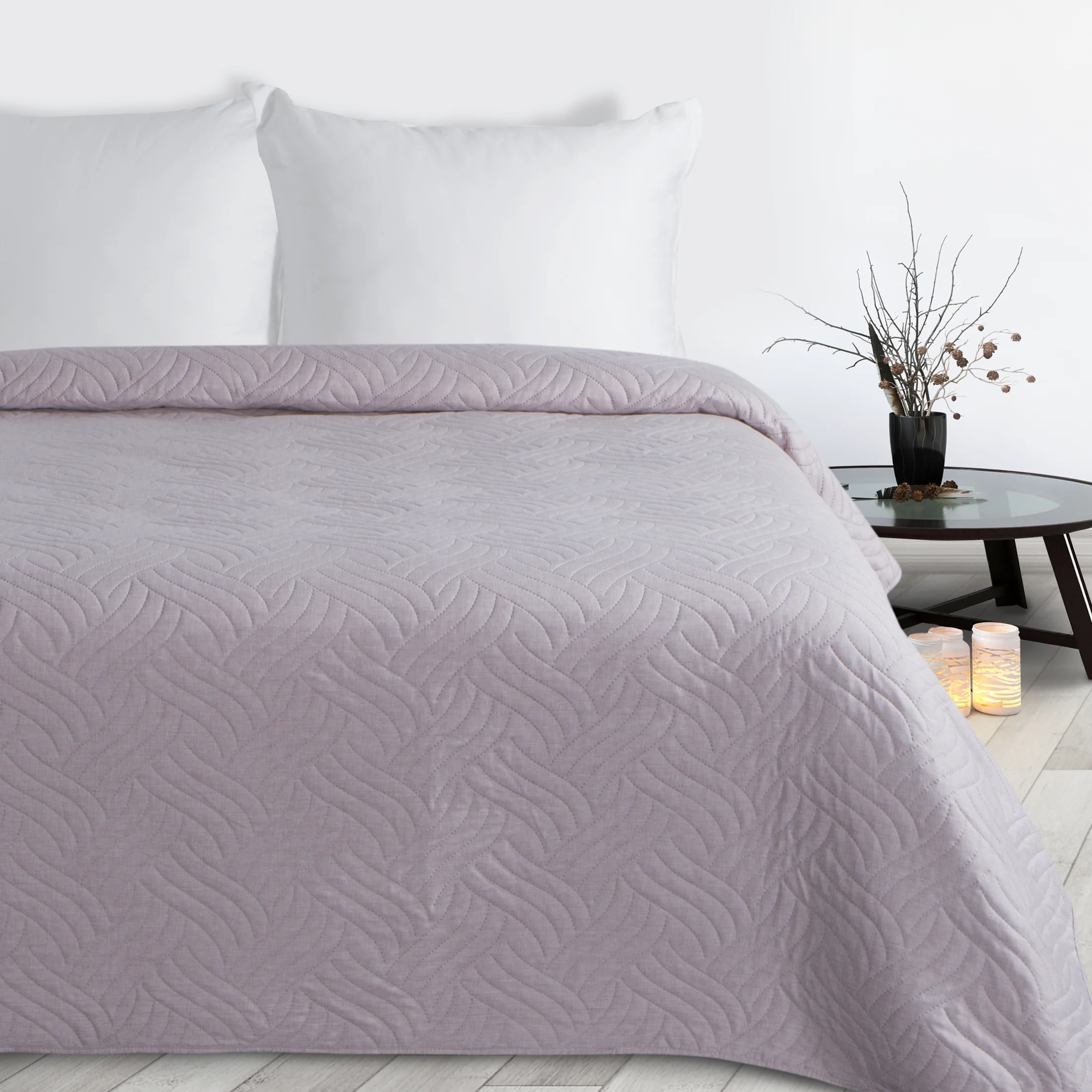 Narzuta imitująca len różowa 220x240 cm pikowana metodą hot press w geometryczny wzór LEN Design 91 | eurofirany