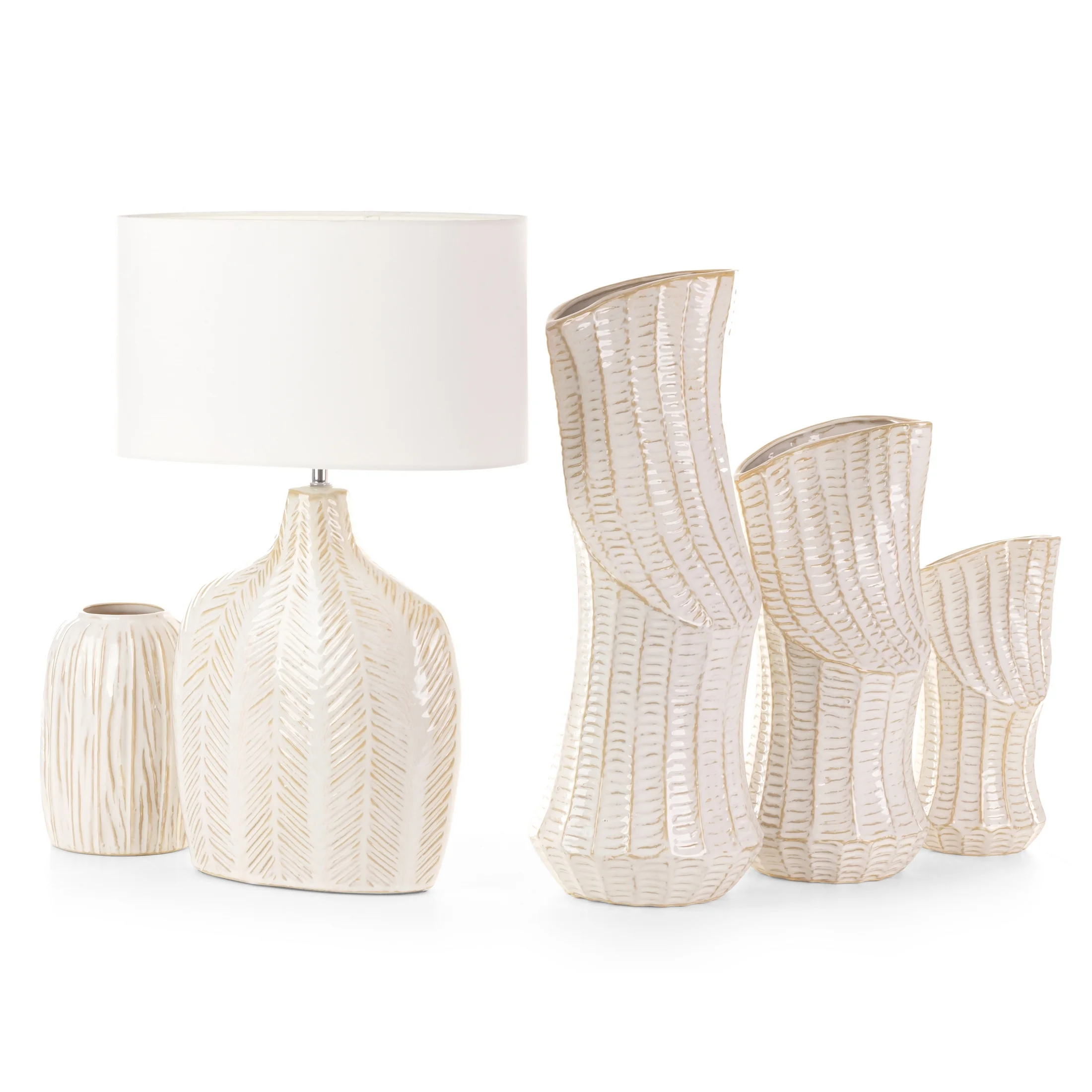 Wazon ceramiczny kremowo-złoty z wytłaczanym wzorem o ściętym kształcie 20x20x53 cm LIZA