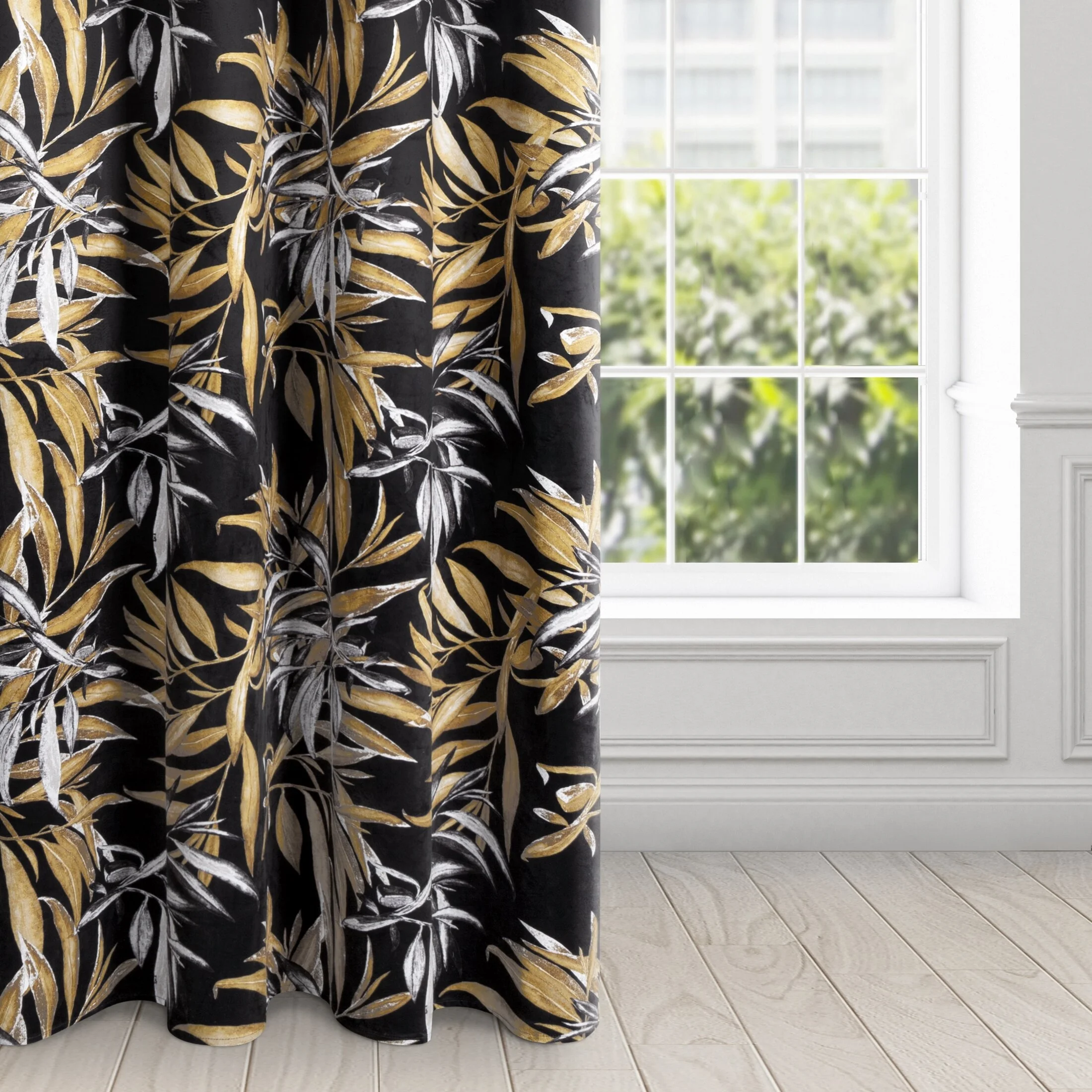 Zasłona welwetowa czarno, beżowa w stylu botanic 140x250 cm przelotka - ZOJA - Pierre Cardin | eurofirany