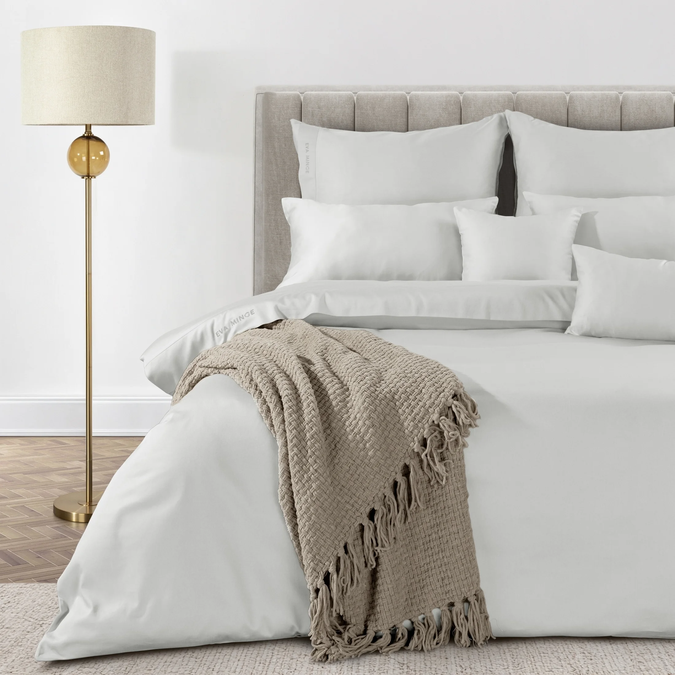 Pościel 140x200 cm z bawełny, makosatyny kolor biały z ozdobną kantą i haftem kolekcja MINGE ELEGANTE | eurofirany