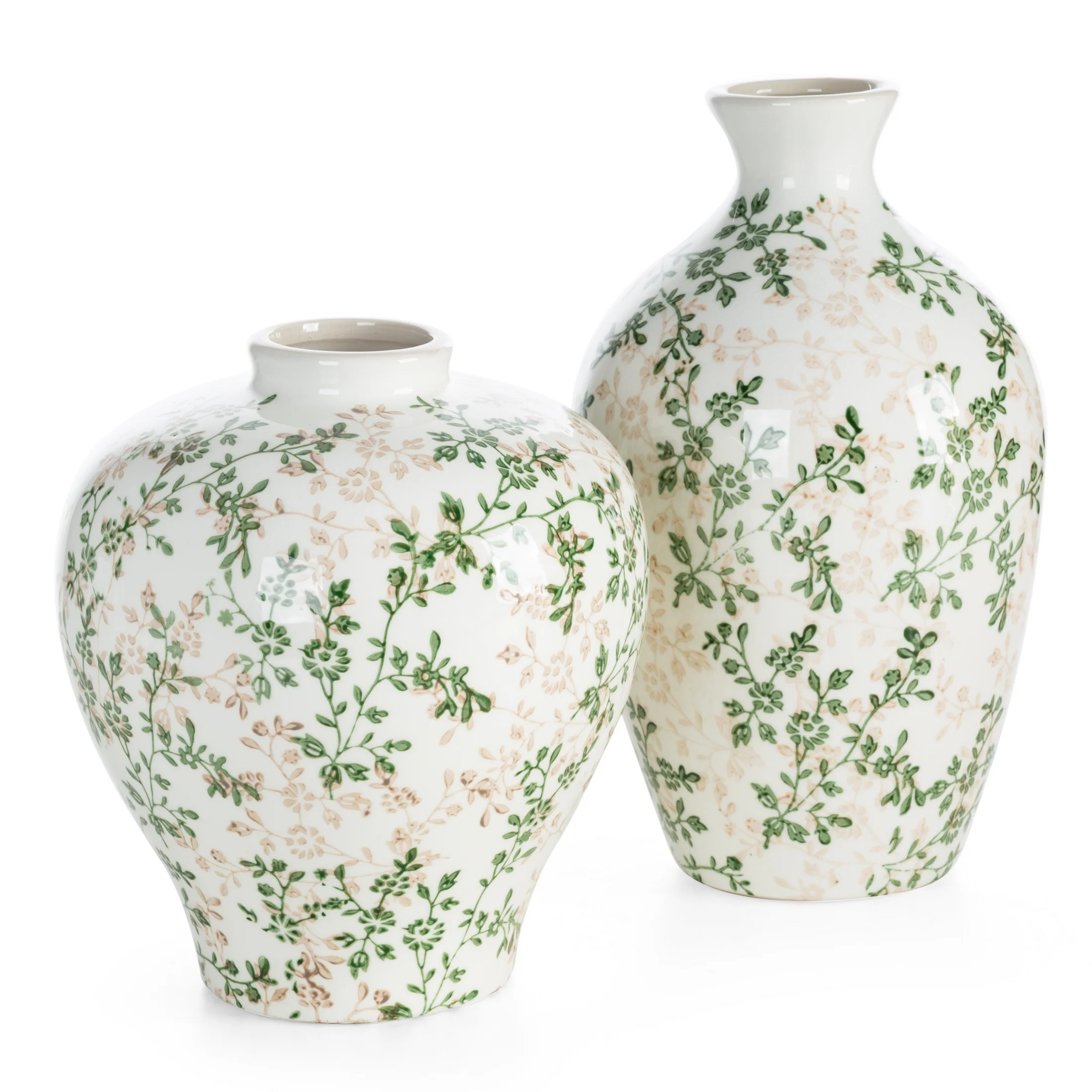 Wazon kremowo, zielony dekoracyjny z motywem roślinnym 20x23 cm - kolekcja FOREST SUMMER