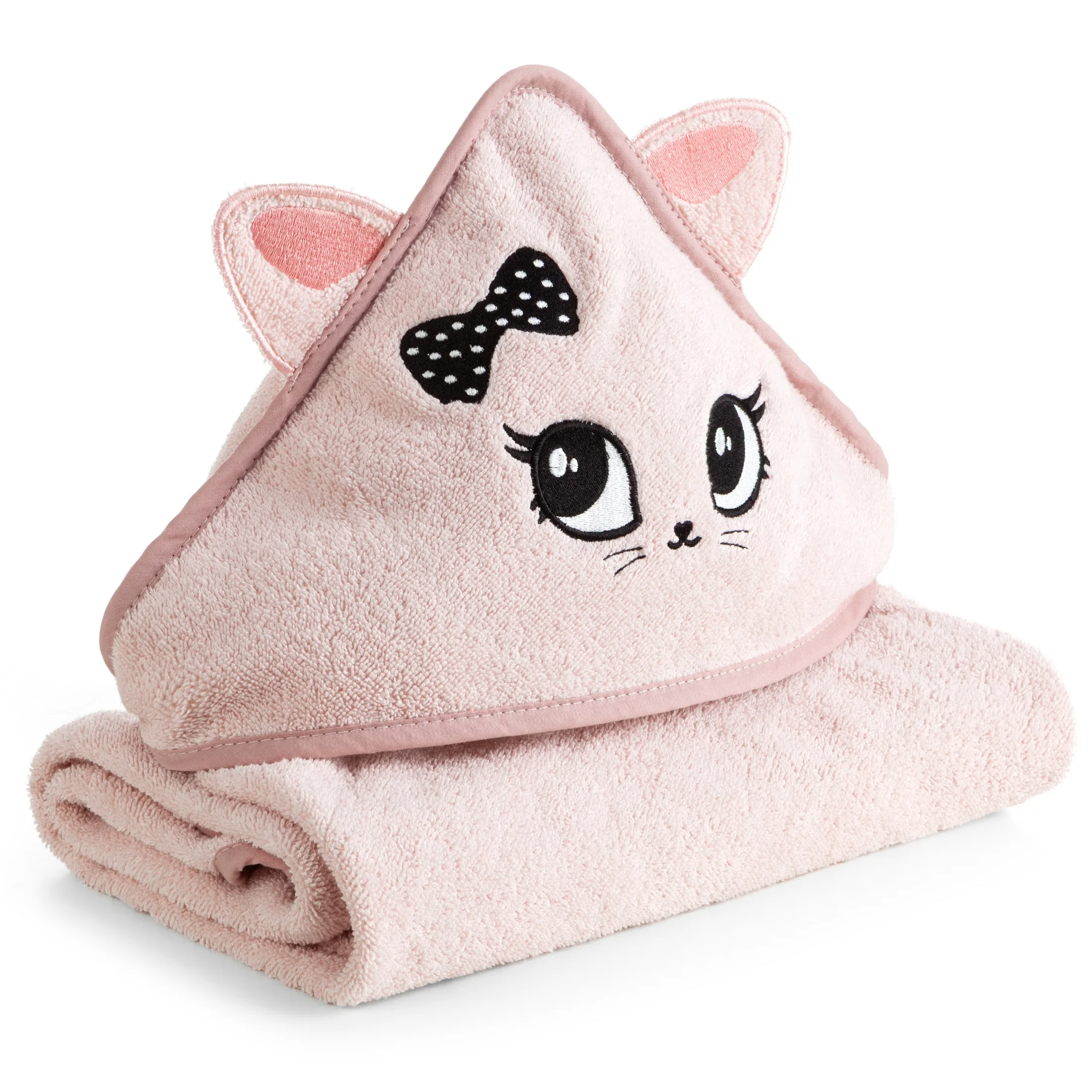 Ręcznik kąpielowy dziecięcy 100x100 cm bawełniany kolor różowy z kapturem i aplikacją uroczego kotka 450 g/m2 BABY 72