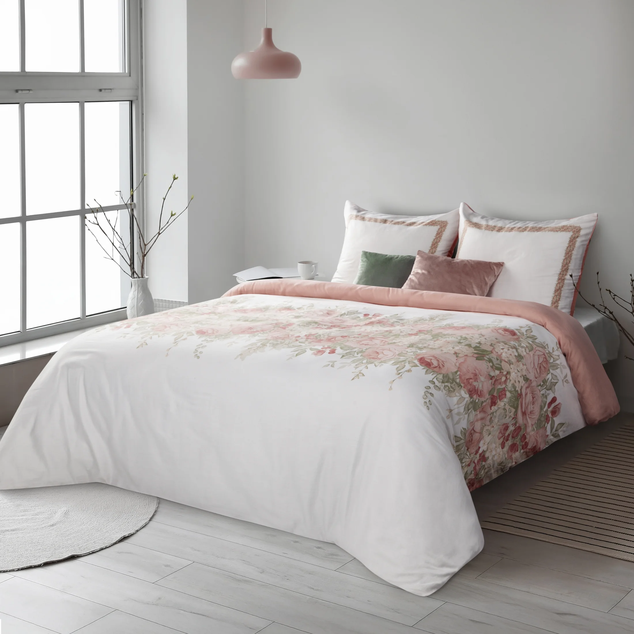 Pościel 220x200 cm bawełniana kolor biały, pudrowy róż styl romantyczny SPRING 25 |
