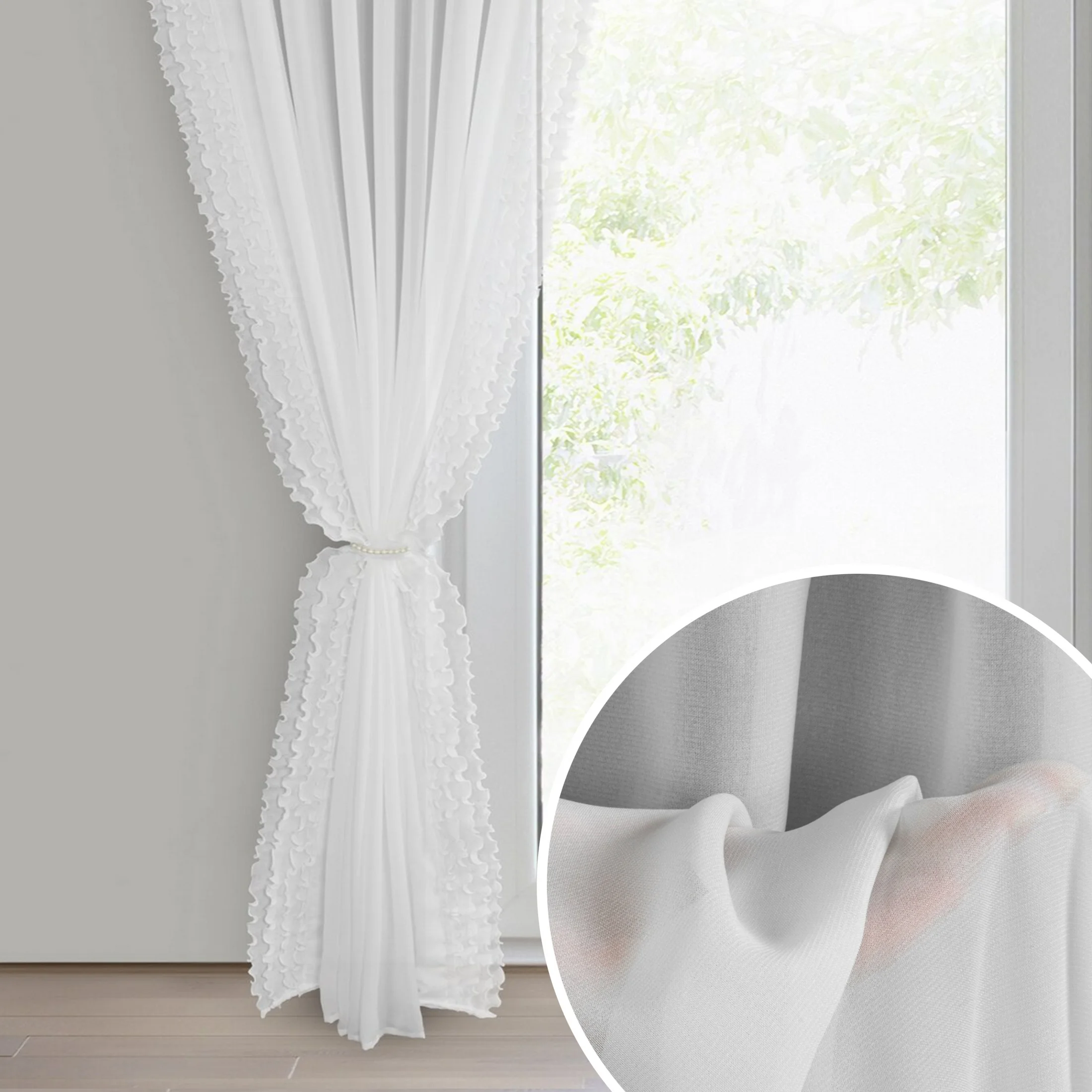 Firana biała z szyfonu zdobiona falbanami po bokach w zestawie ozdobny troczek 140x270 cm taśma LUISA | eurofirany