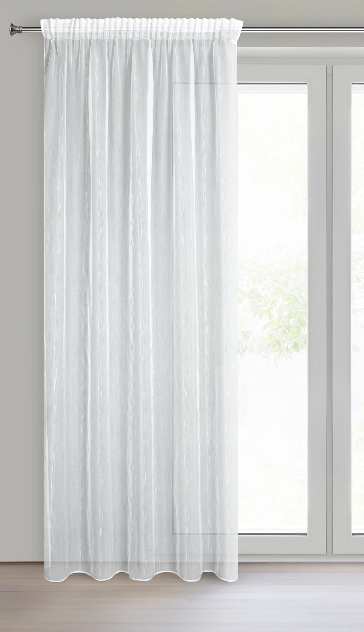 Firana biała z etaminy zdobiona lśniącymi drobnymi paseczkami 140x280 cm taśma ALEXI