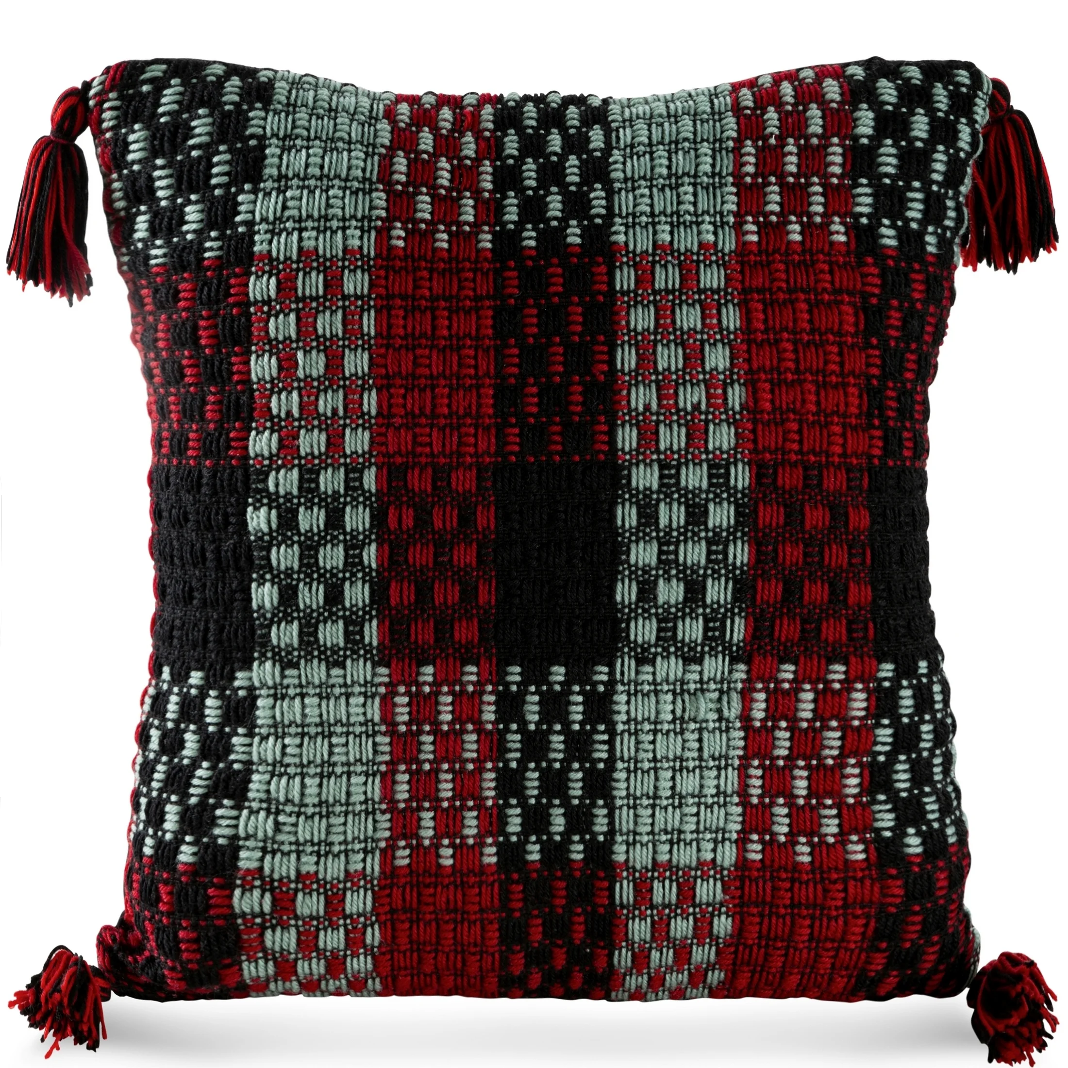 Poszewka na poduszkę 45x45 cm z grubej tkaniny czerwono, miętowa z ozdobnymi chwostami na rogach HILAR | eurofirany