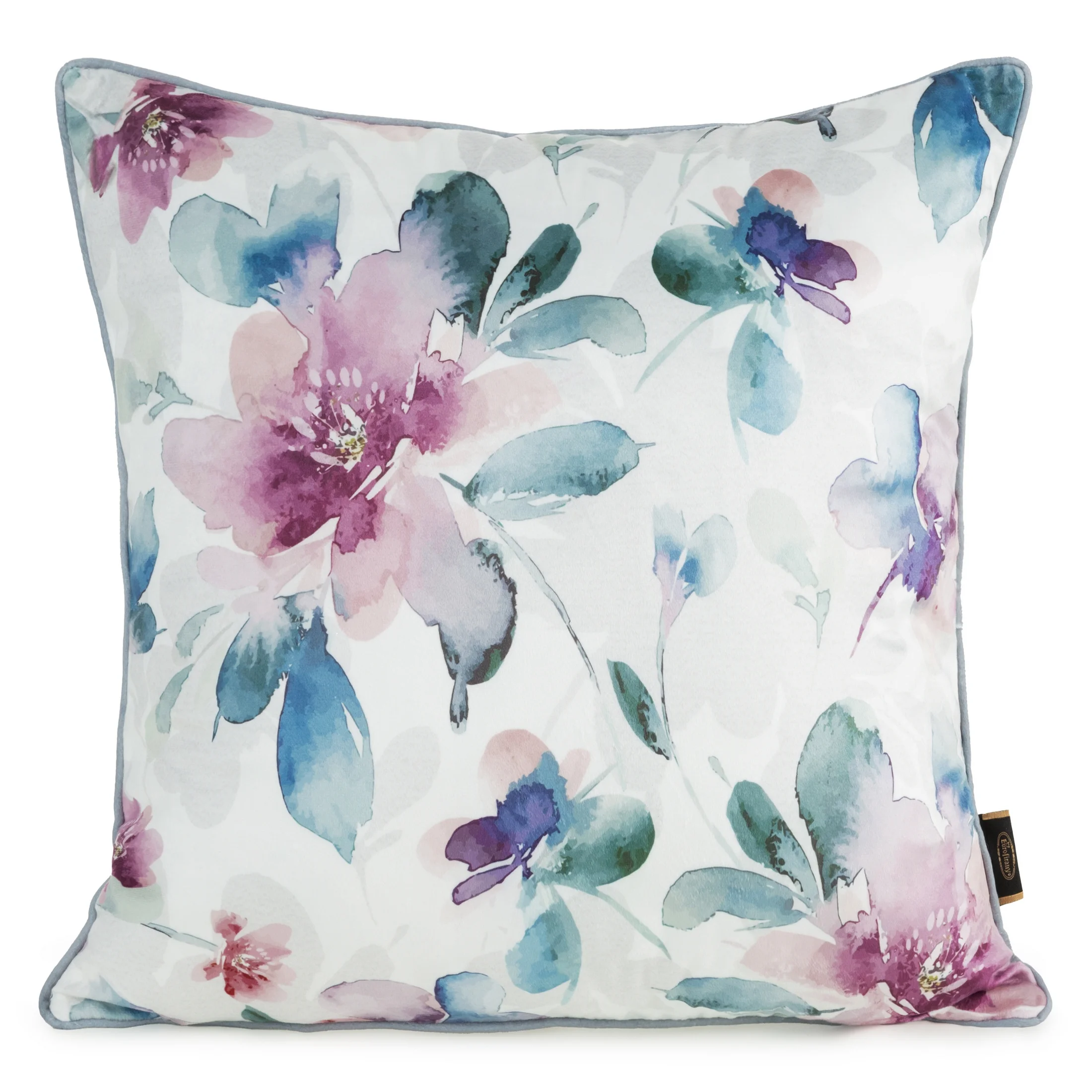 Poszewka na poduszkę 45x45 cm welwetowa, biało turkusowa z nadrukiem pastelowych kwiatów VELVET 154 Eurofirany Premium | eurofirany