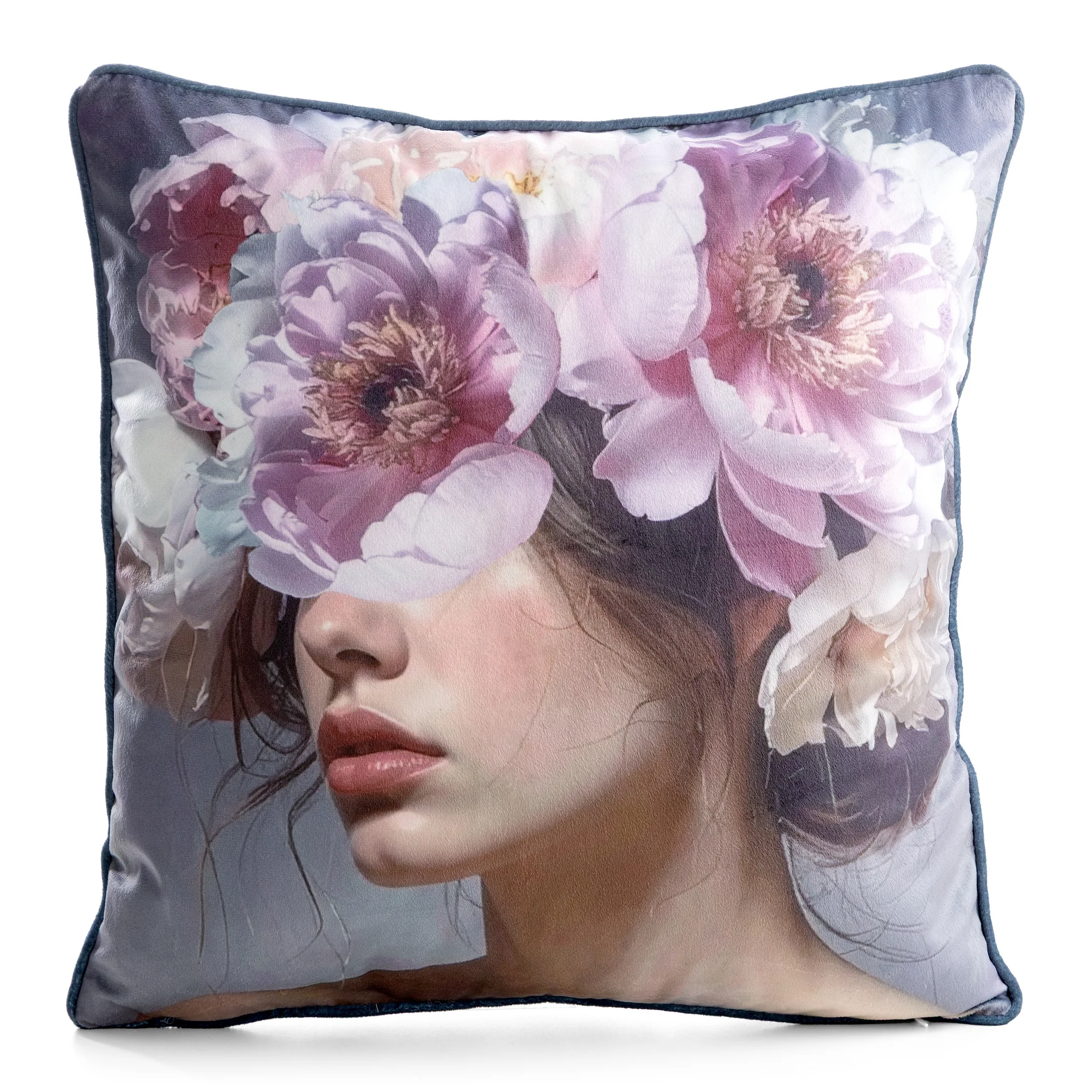 Poszewka na poduszkę 45x45 cm welwetowa niebiesko, różowa z portretem kobiety VELVET 210 | eurofirany