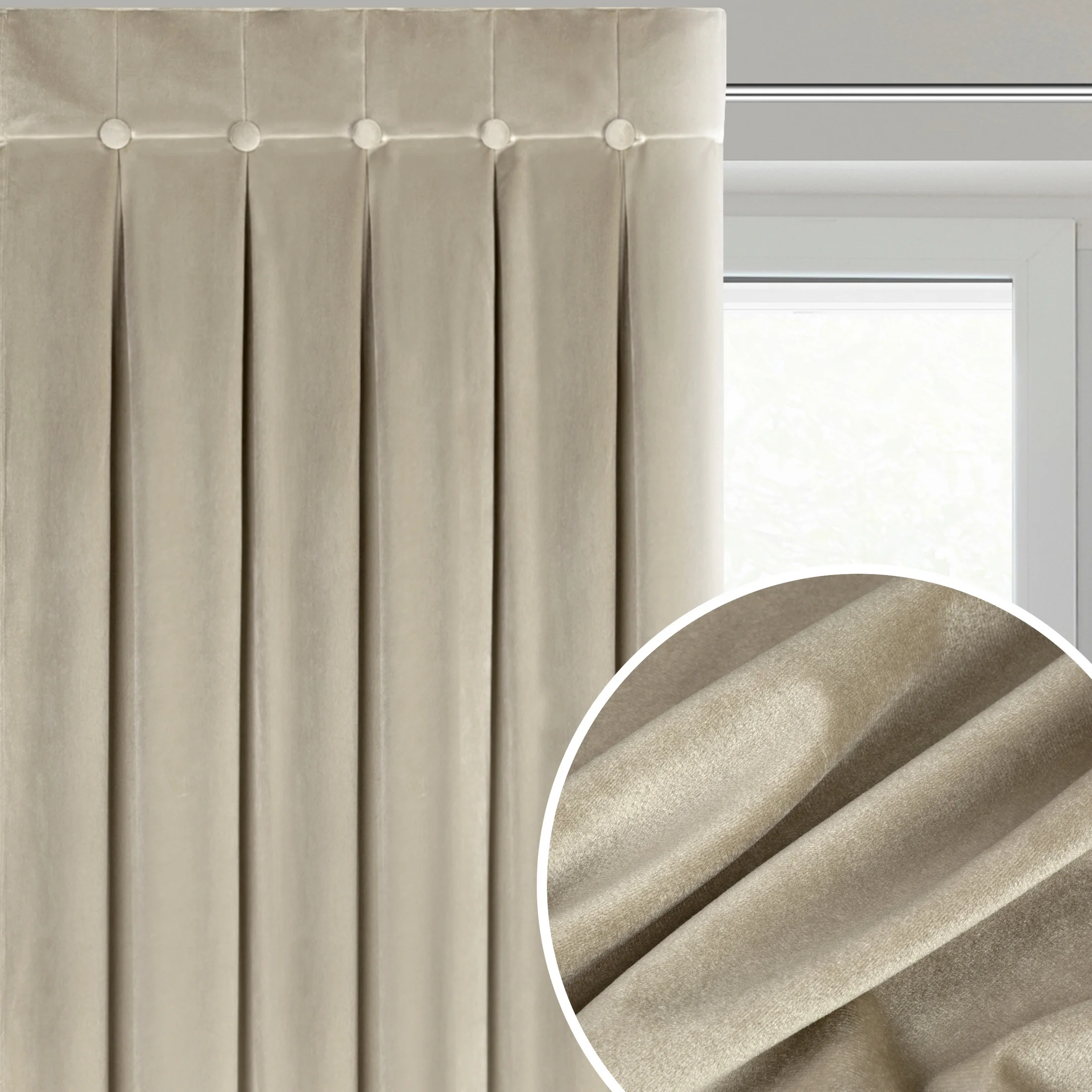 Zasłona beżowa z welwetowej tkaniny zdobiona głębokimi fałdami i guzikami 85x250 cm (wymiar podany na gotowo) szelki - ALITA | eurofirany