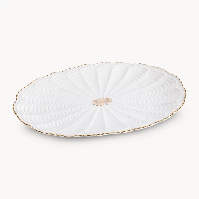 Patera ceramiczna dekoracyjna kremowo-złota z wypukłym wzorem i złotymi akcentami 36x25x2 cm GAIA