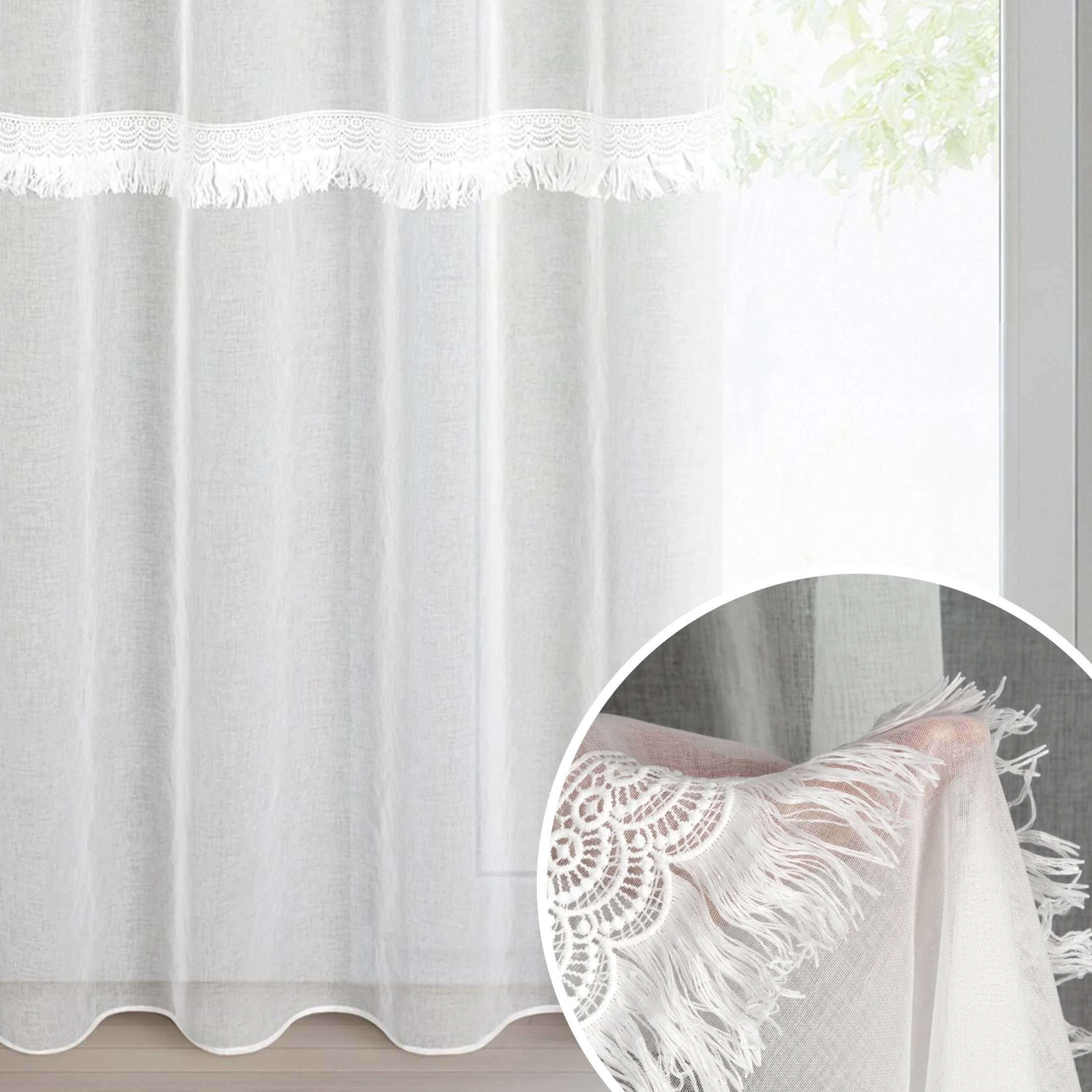 Firana biała z etaminy zdobiona gipiurą z frędzelkami 140x250 cm przelotka ROXANA | eurofirany