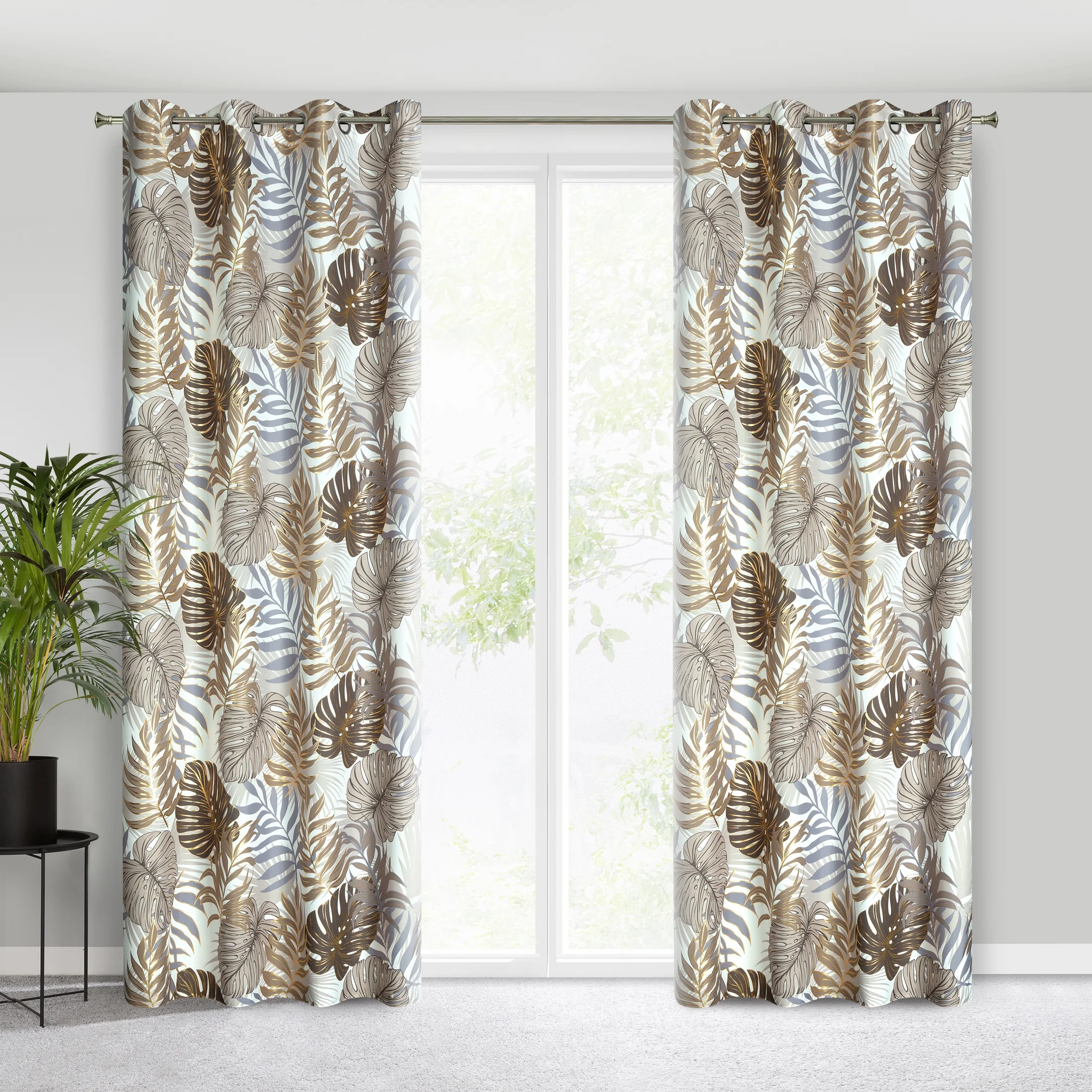 Zasłona brązowo, złota z motywem liści monstery 140x250 cm przelotka KORFU
